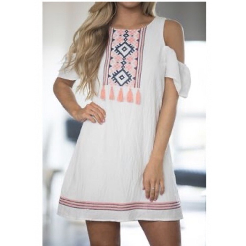 Polagram White Cold-Shoulder Tunic with Pink & Navy Embroidery